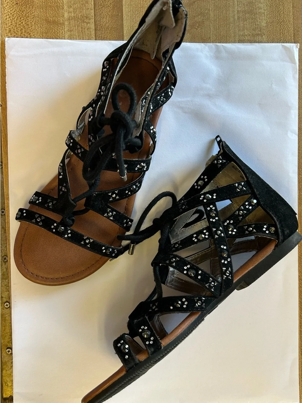 Black Rhinestone Lace-Up Gladiator Sandals for Women